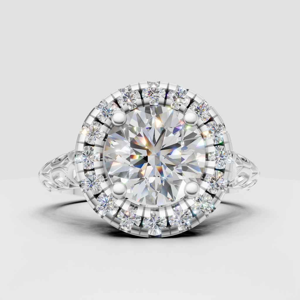 Elegant round brilliant halo engagement ring with openwork filigree