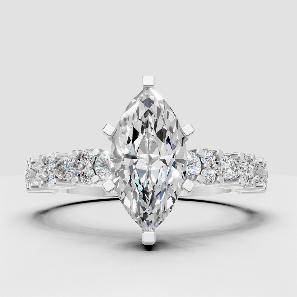 Elegant marquise center stone engagement ring with diamond embellished band