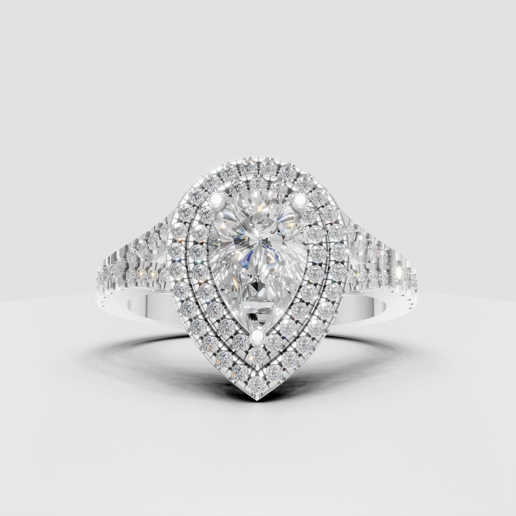 Pear-shaped center Diamond ring with double halo and split-shank pavé band