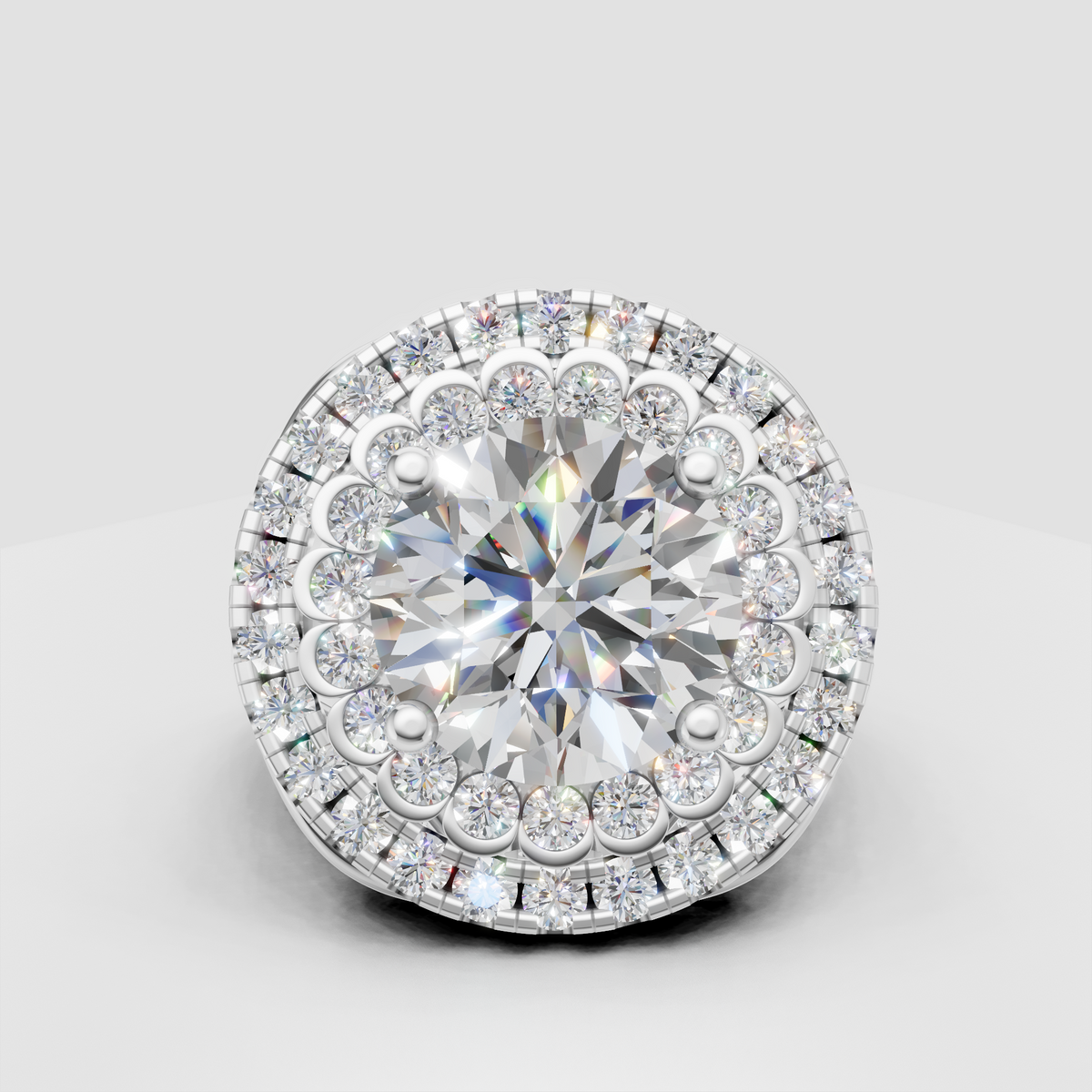 Gold round cut engagement ring with floral style inner halo and outer diamond halo