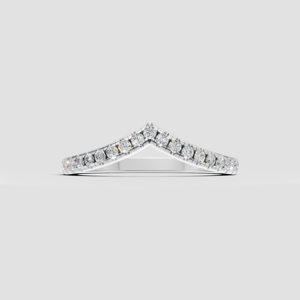 Elegant rose gold diamond chevron band with continuous upper-half sparkle