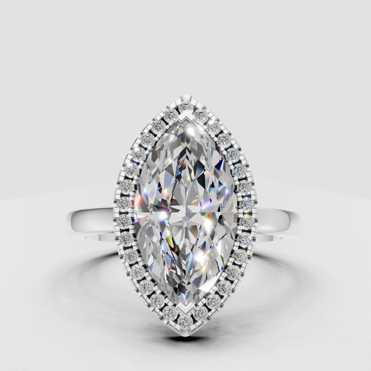 Marquise halo diamond ring with polished gold band