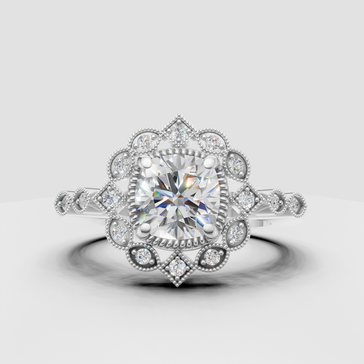 Cushion center diamond with beaded floral halo