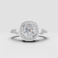 Cushion cut center stone surrounded by a sparkling diamond halo