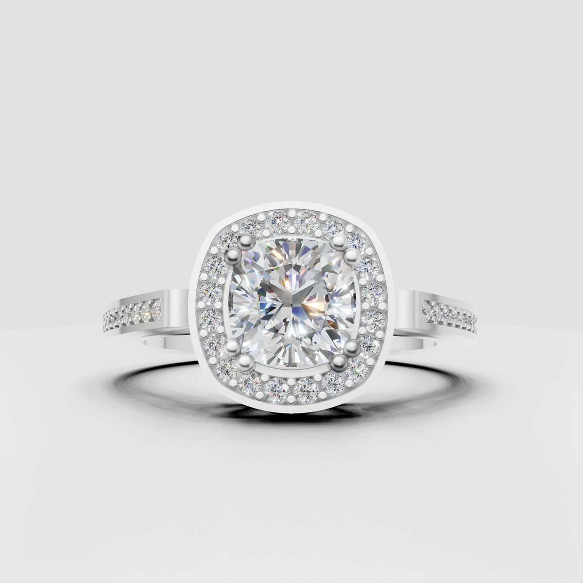 Cushion cut center stone surrounded by a sparkling diamond halo