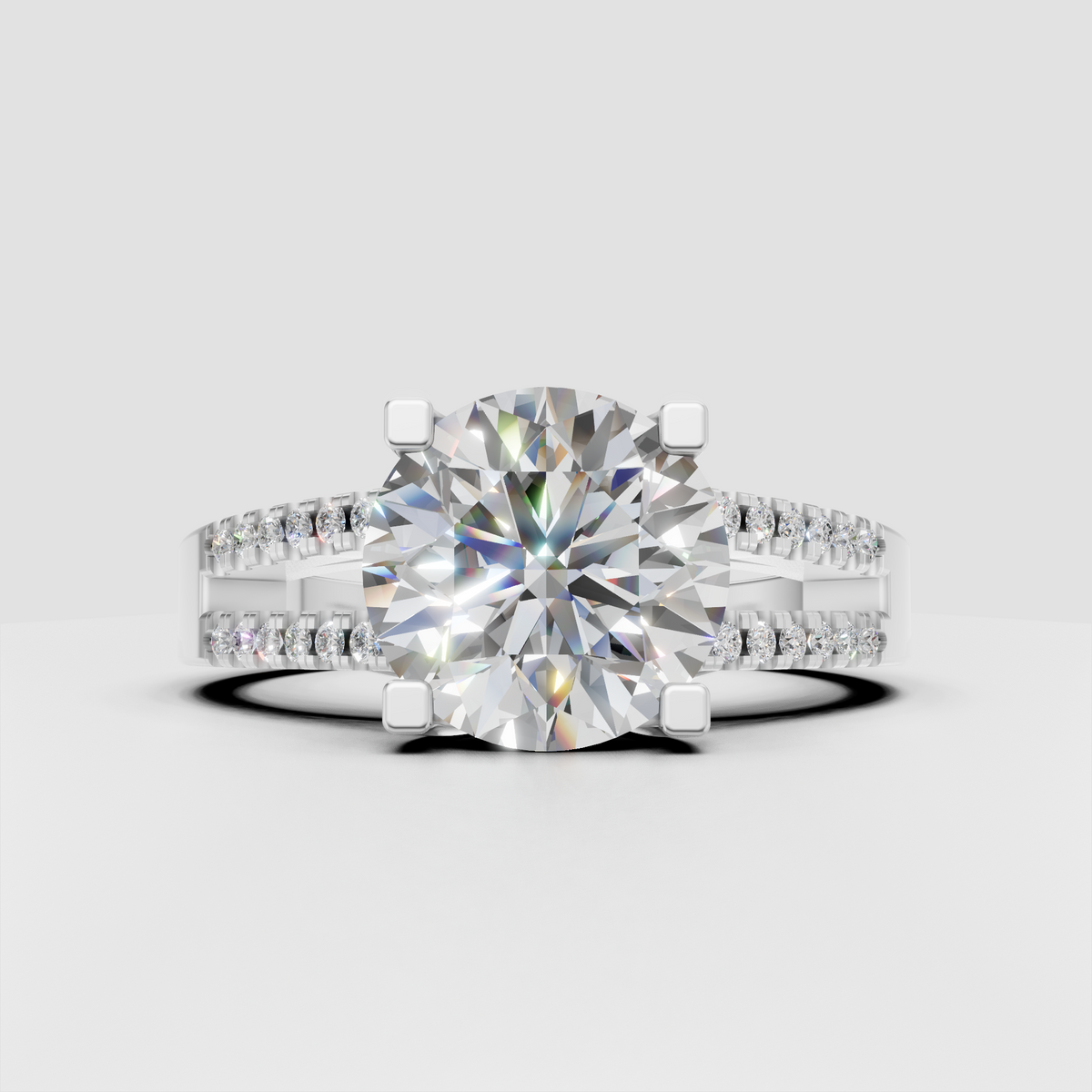 Round center diamond ring with split shank pave band