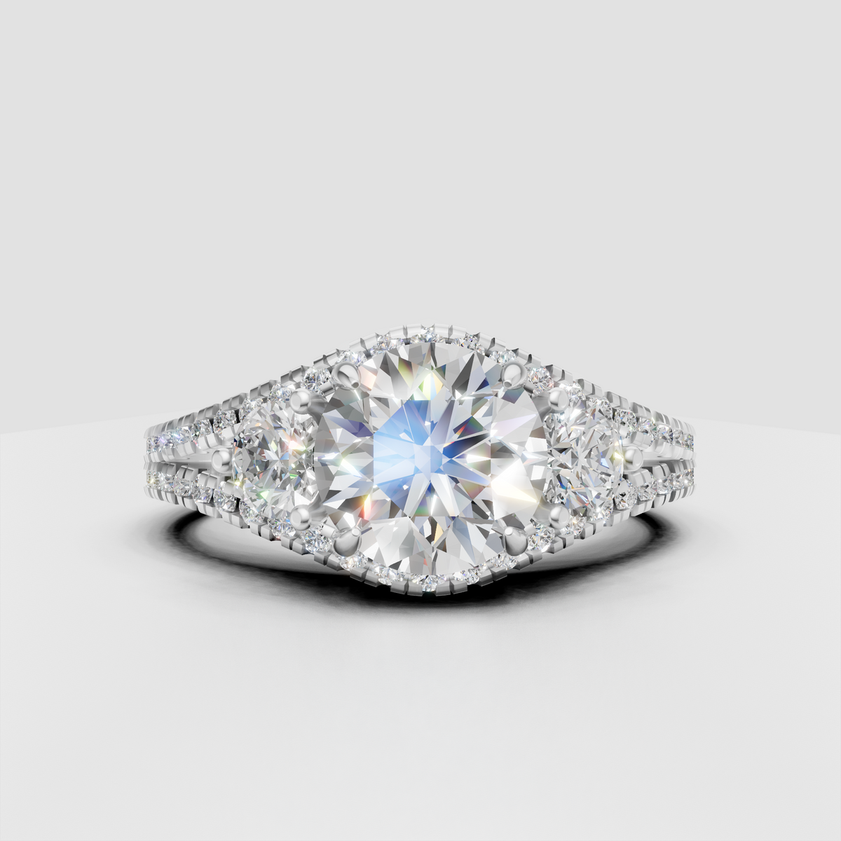 Round diamond engagement ring with pavé split shank