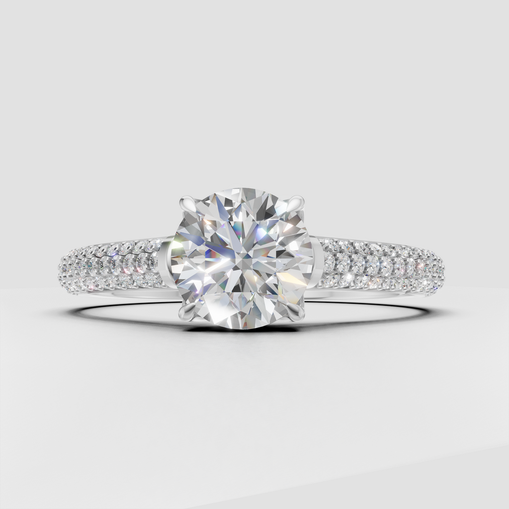 Cathedral round Diamond engagement ring with pavé shoulders