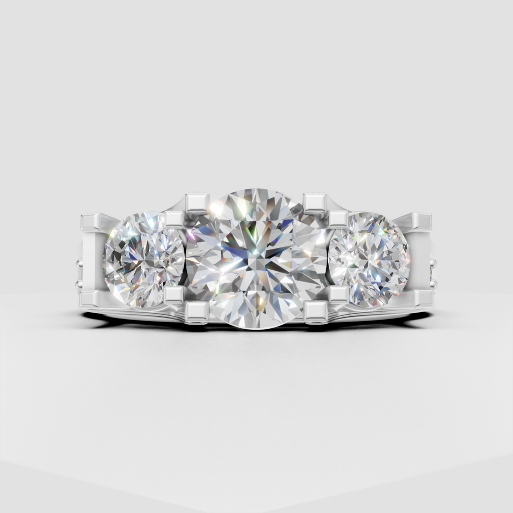 Elegant round cut three stone engagement ring in yellow gold