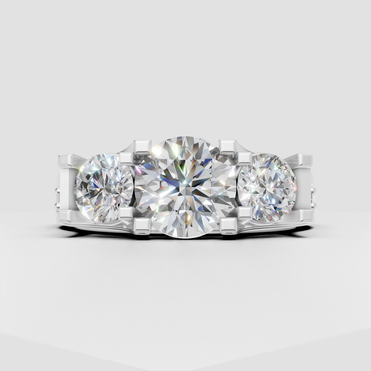 Elegant round cut three stone engagement ring in yellow gold