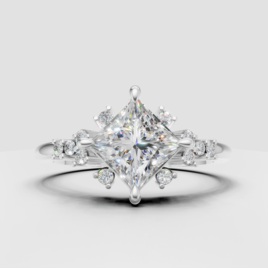 Princess cut center stone engagement ring with sculptural prongs