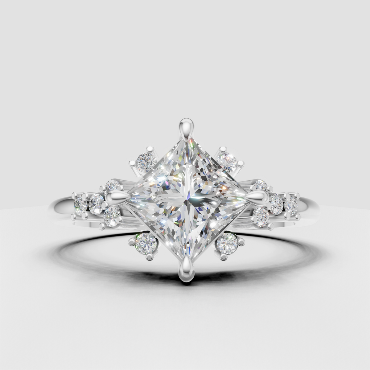 Princess cut center stone engagement ring with sculptural prongs