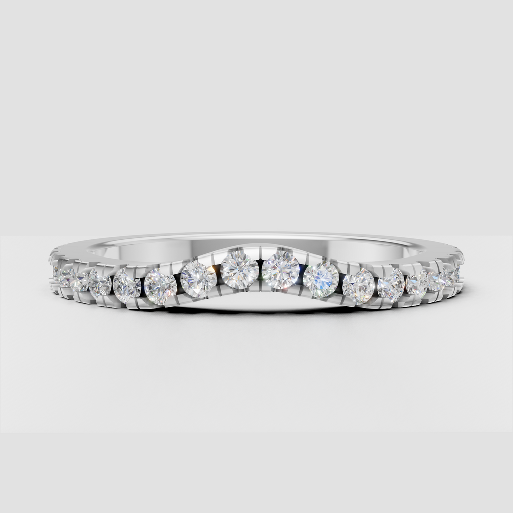 Round diamond wedding band with sparkling pavé upper half