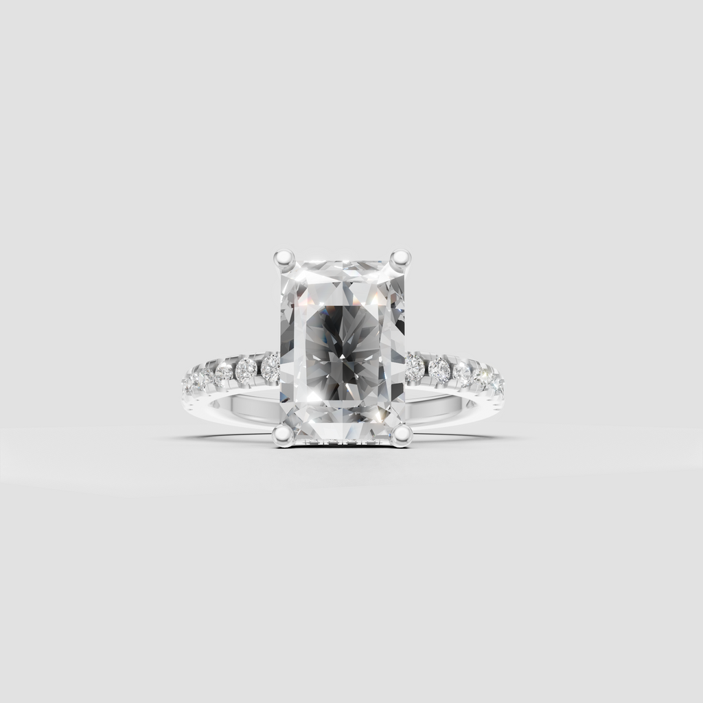 Radiant diamond engagement ring with sparkling pavé shoulders