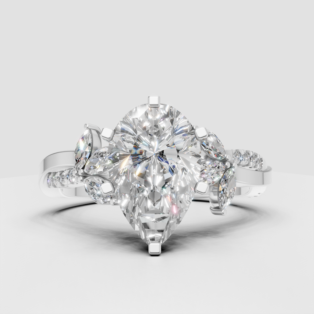 Pear diamond ring with floral marquise stones and split shank