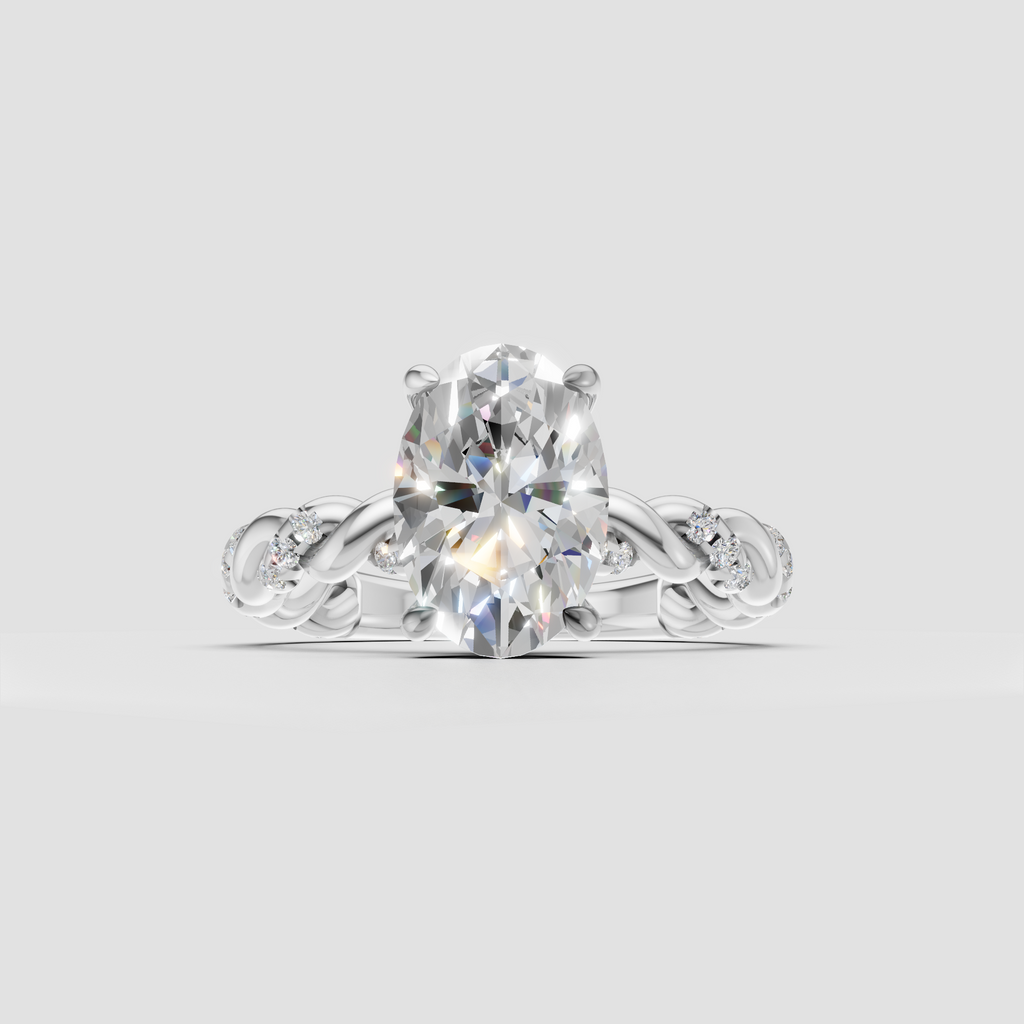 Oval center diamond ring with sculptural intertwined band and side stones