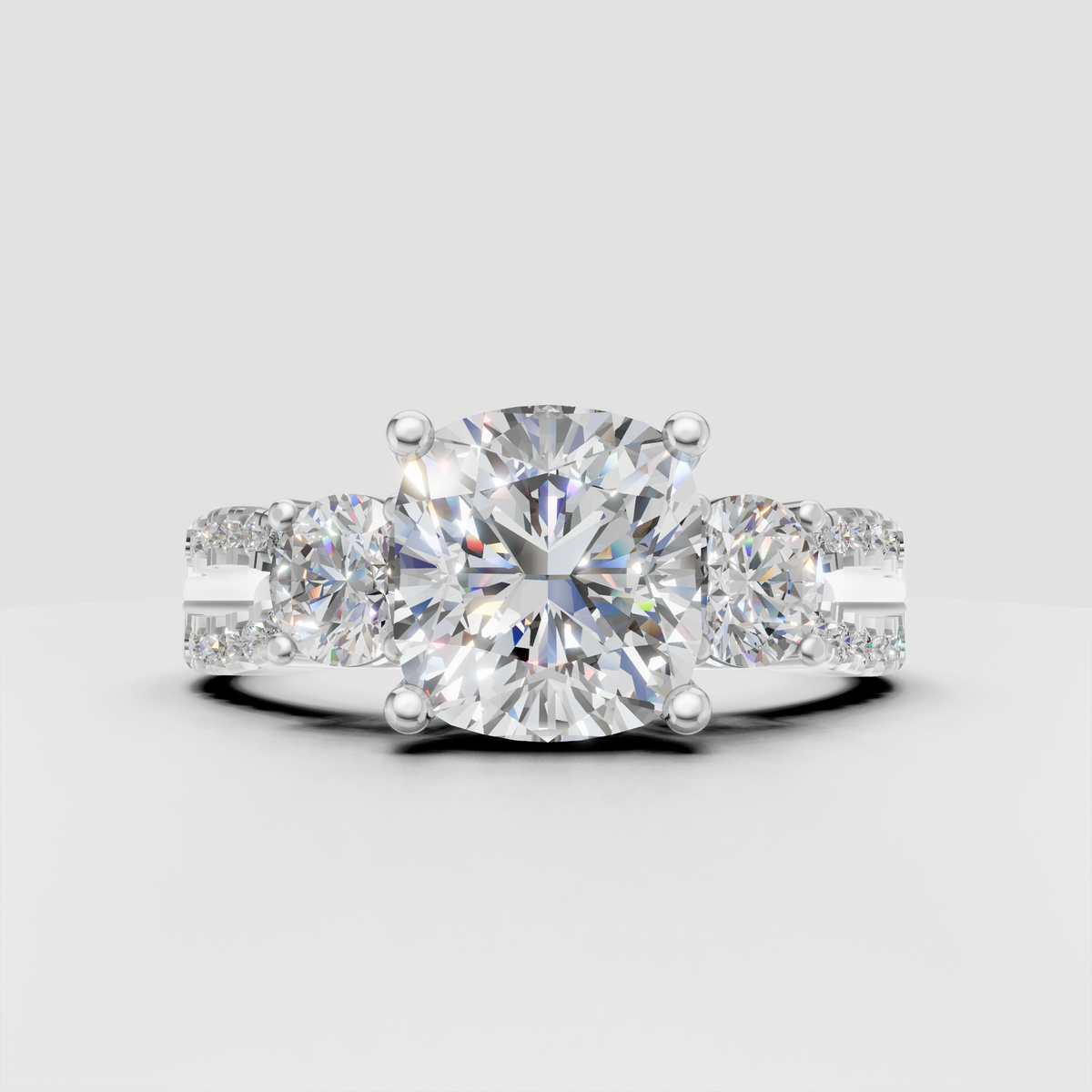 Cushion cut bridal ring with round diamonds