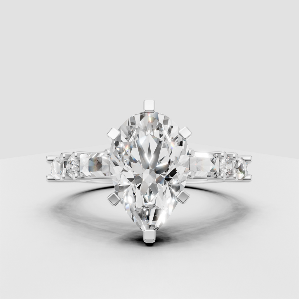 Pear diamond engagement ring with baguette and round pave accents