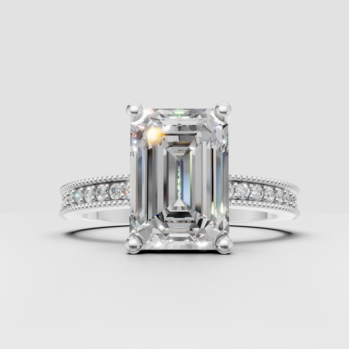Emerald cut Diamond ring featuring a four-prong cathedral setting