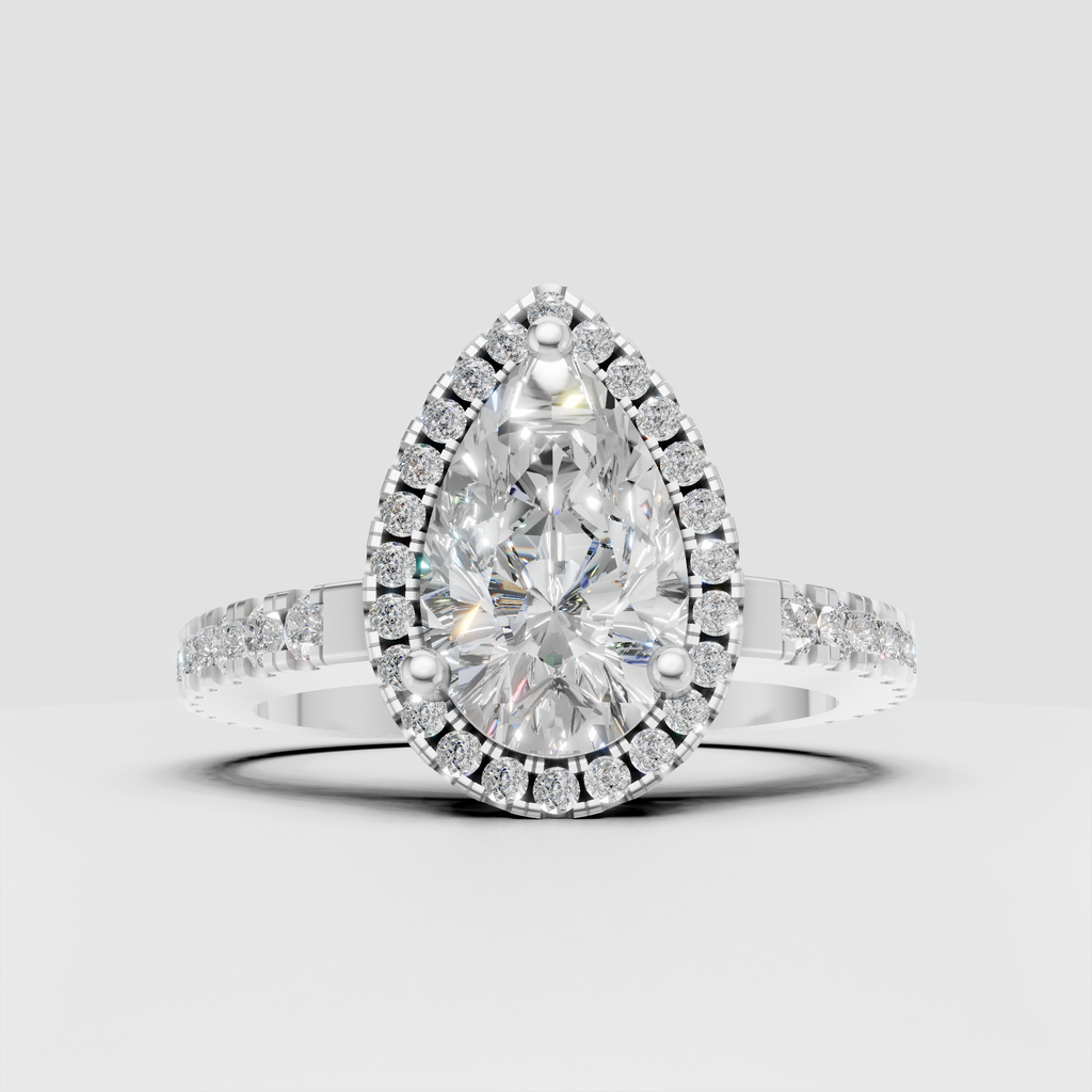 Luxury pear shaped halo diamond ring with pave shoulders