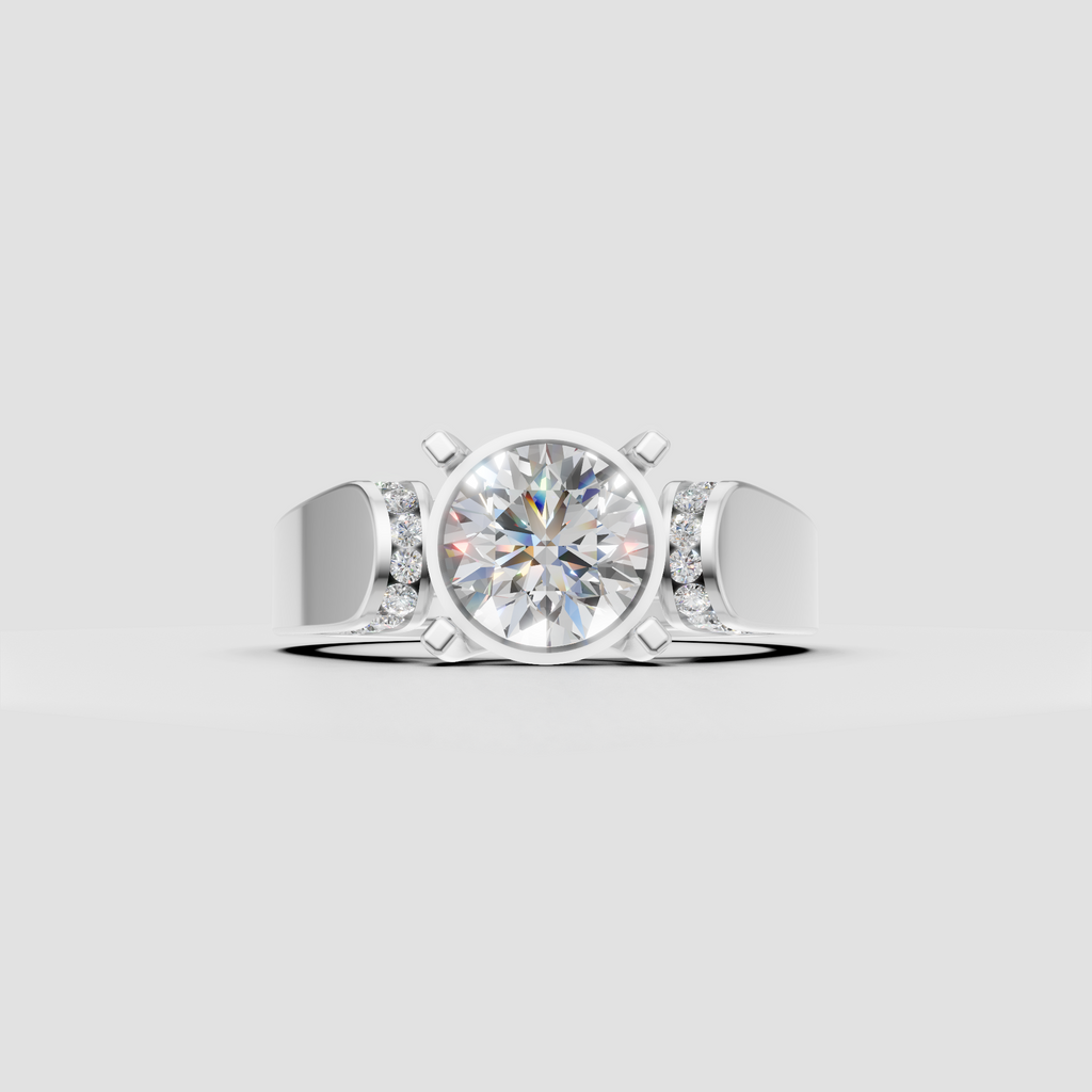 Elegant round cut diamond ring featuring a sleek bezel-style center setting