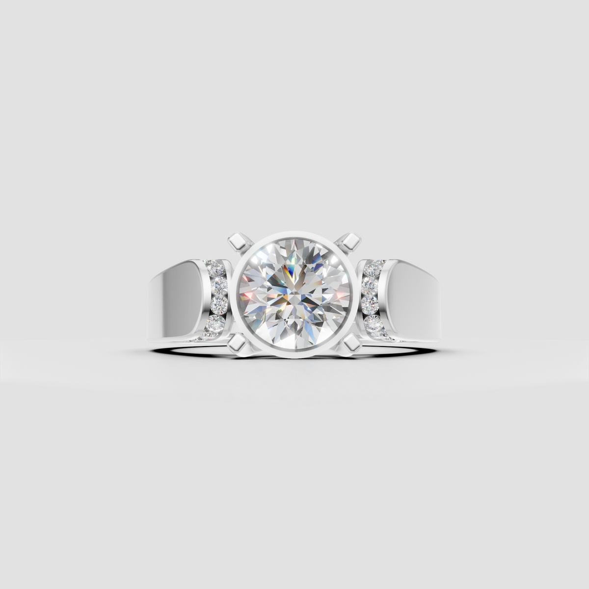 Elegant round cut diamond ring featuring a sleek bezel-style center setting