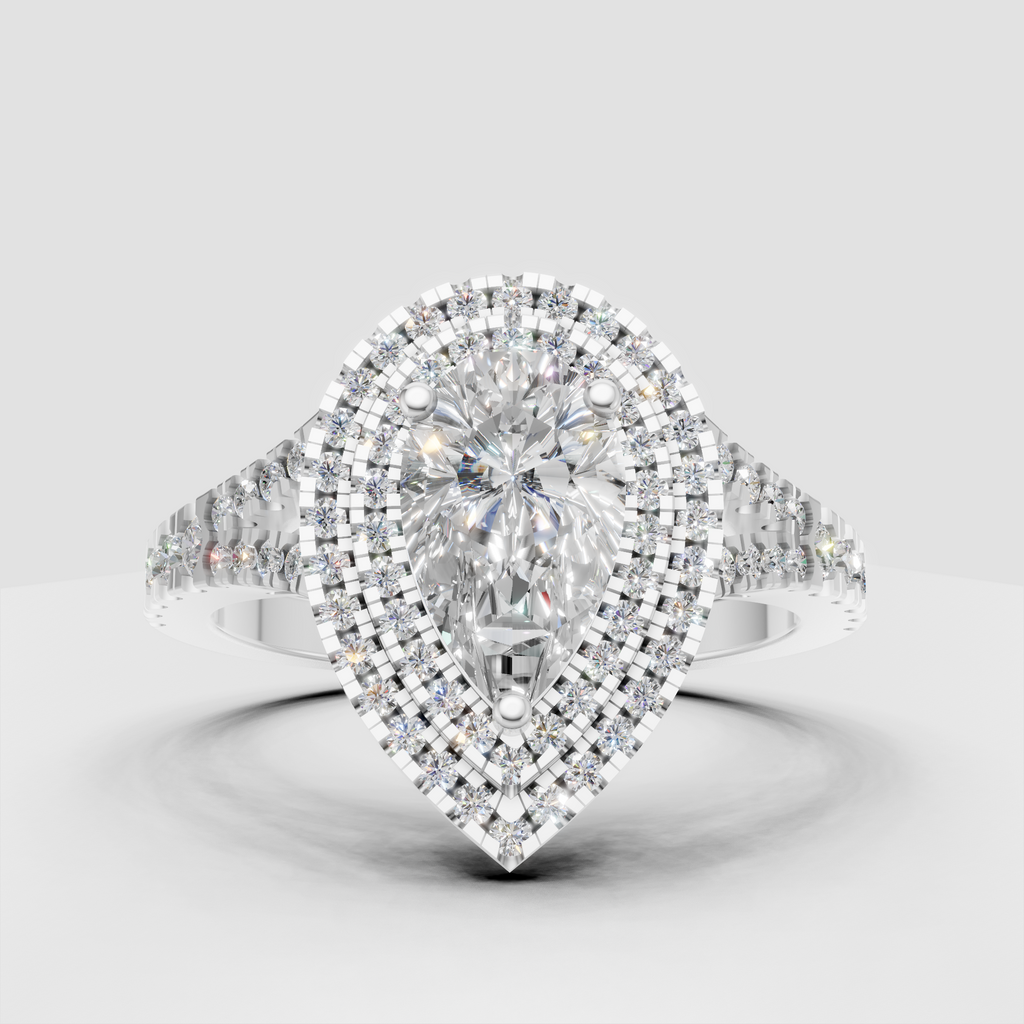 Triple halo pear diamond ring with split-shank shoulders