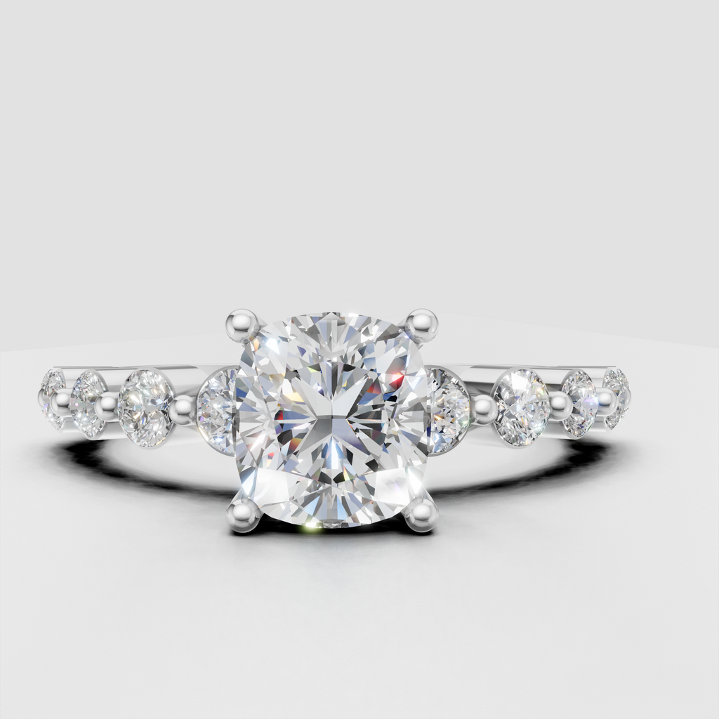 Cushion diamond solitaire-style ring with diamond-accented band