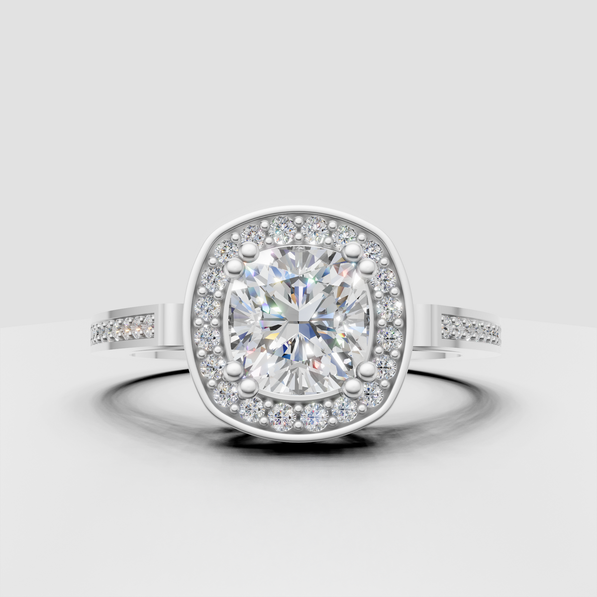 Luxury cushion cut diamond ring with detailed gold halo setting