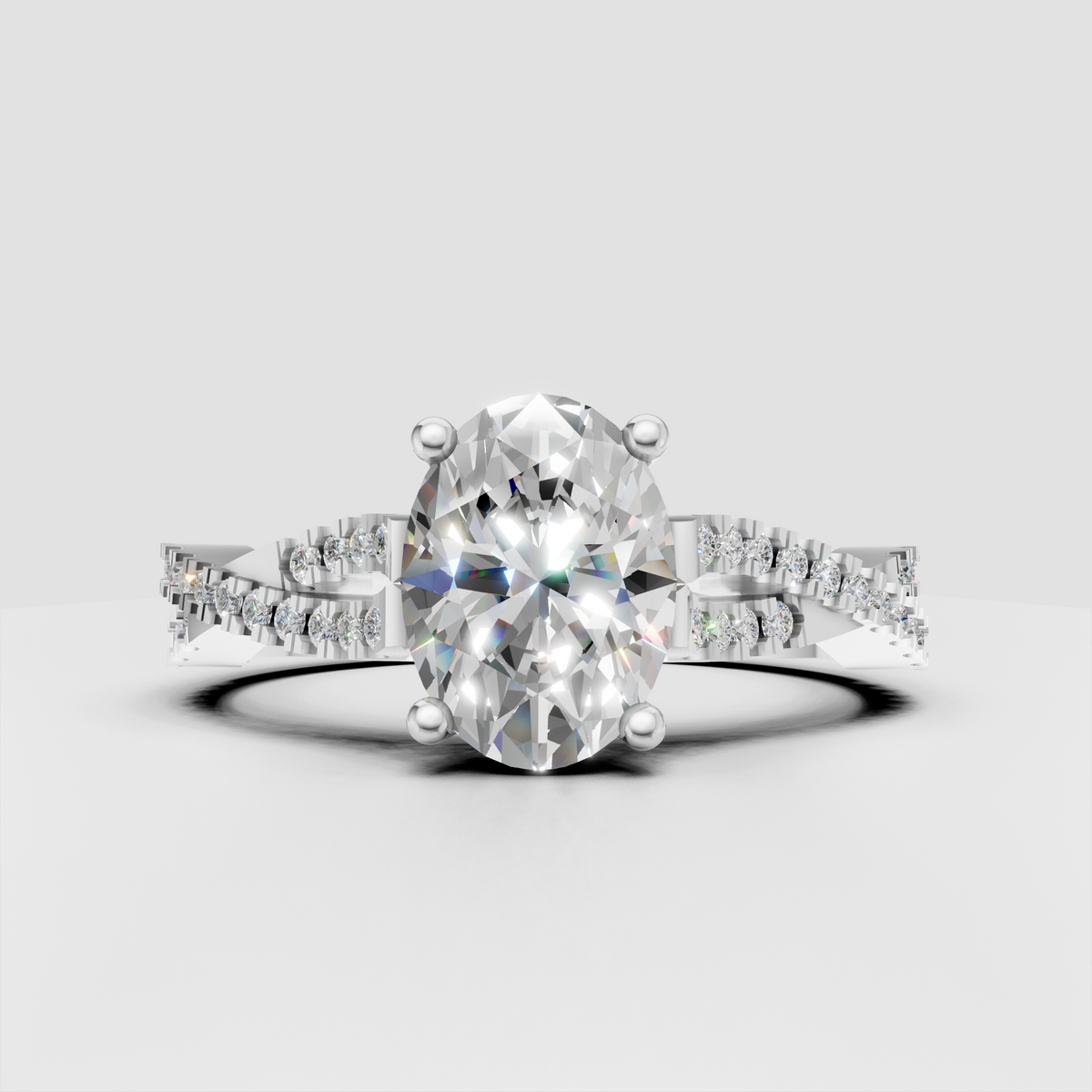 Oval cut diamond ring featuring a split shank pavé band