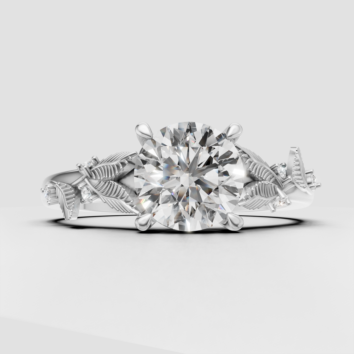 Flower inspired round diamond engagement ring with gold leaf detailing