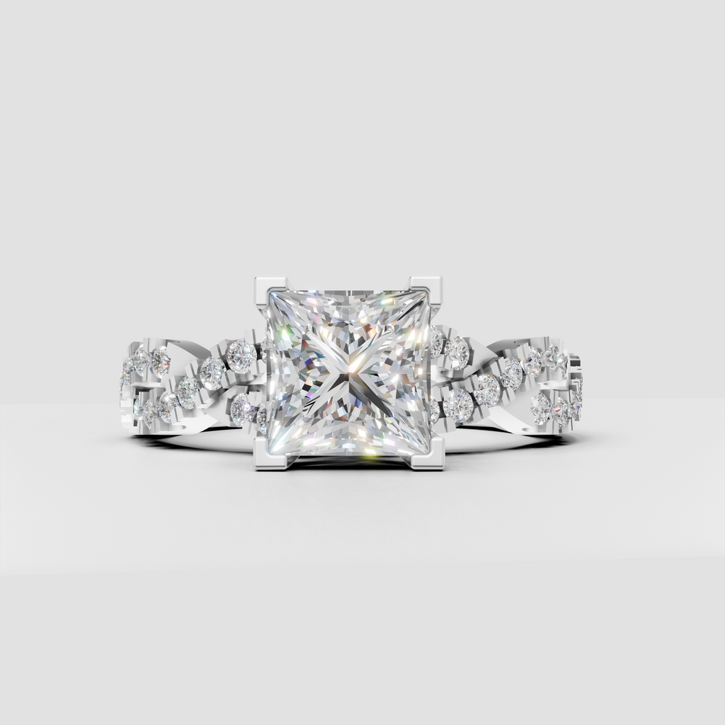Princess cut engagement ring showing intricate diamond-set split shank from side view