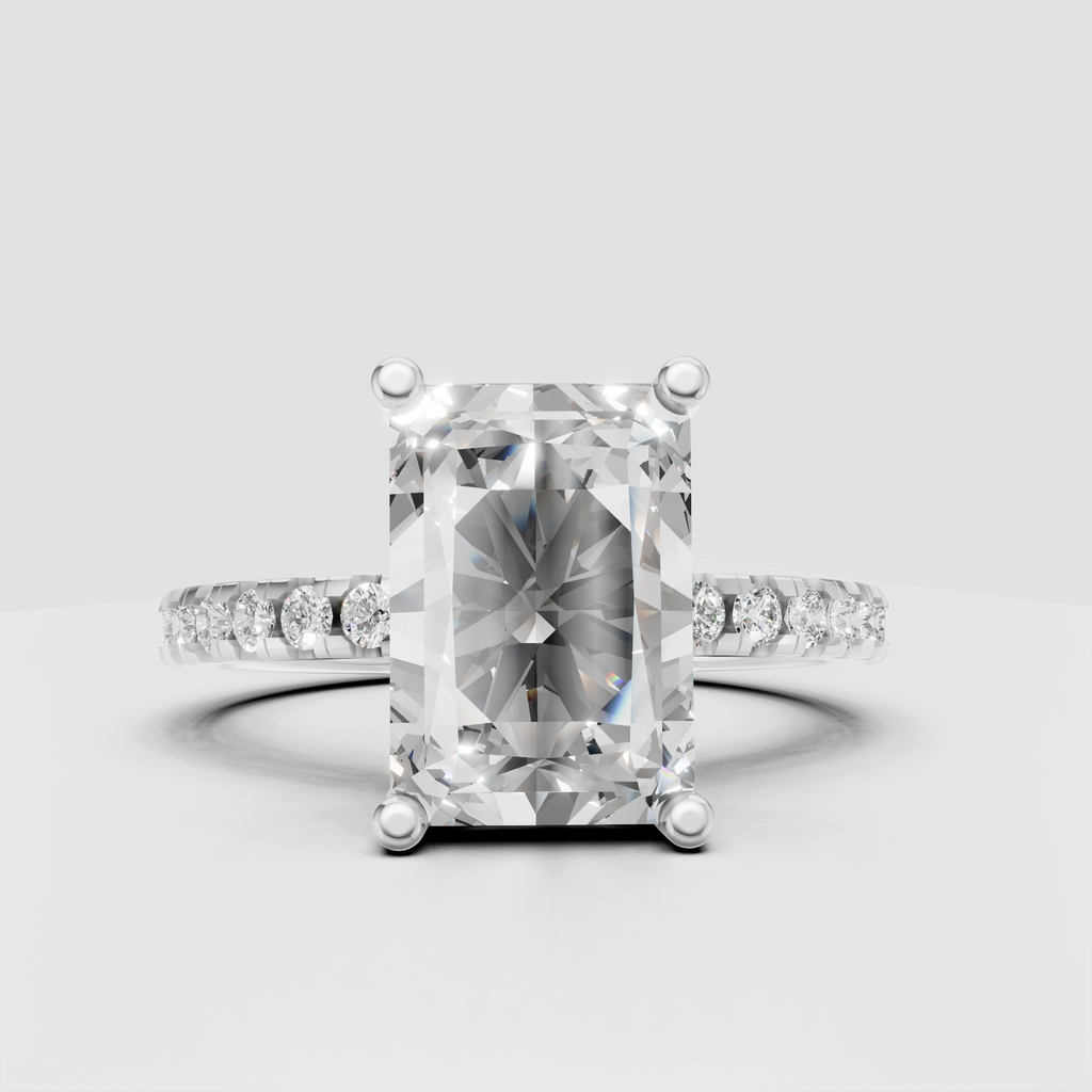 Modern radiant diamond engagement ring with hidden halo detail