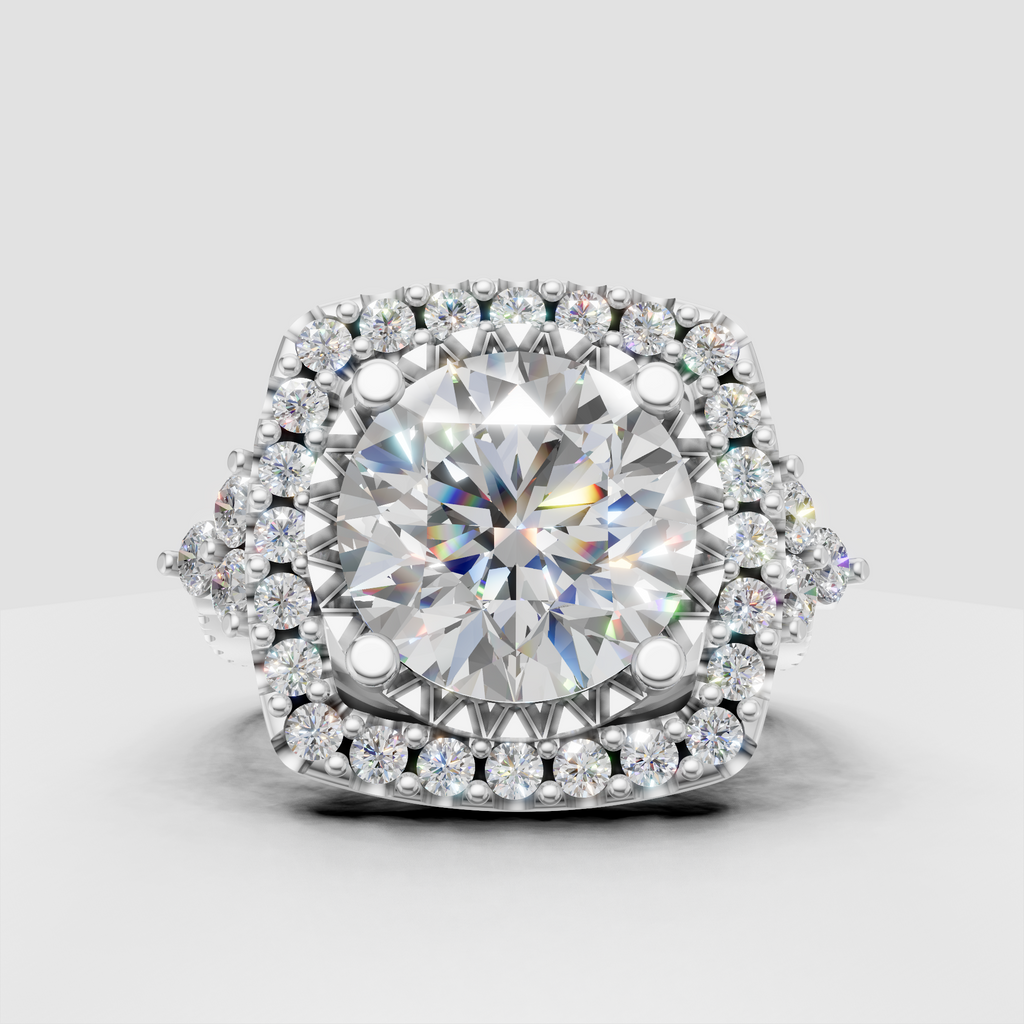 Vintage-inspired round diamond engagement ring with ornate halo setting