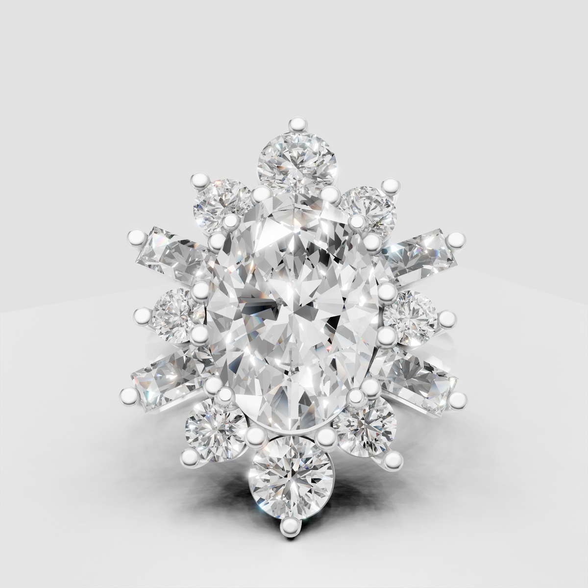 Unique flower-inspired oval diamond cluster engagement ring
