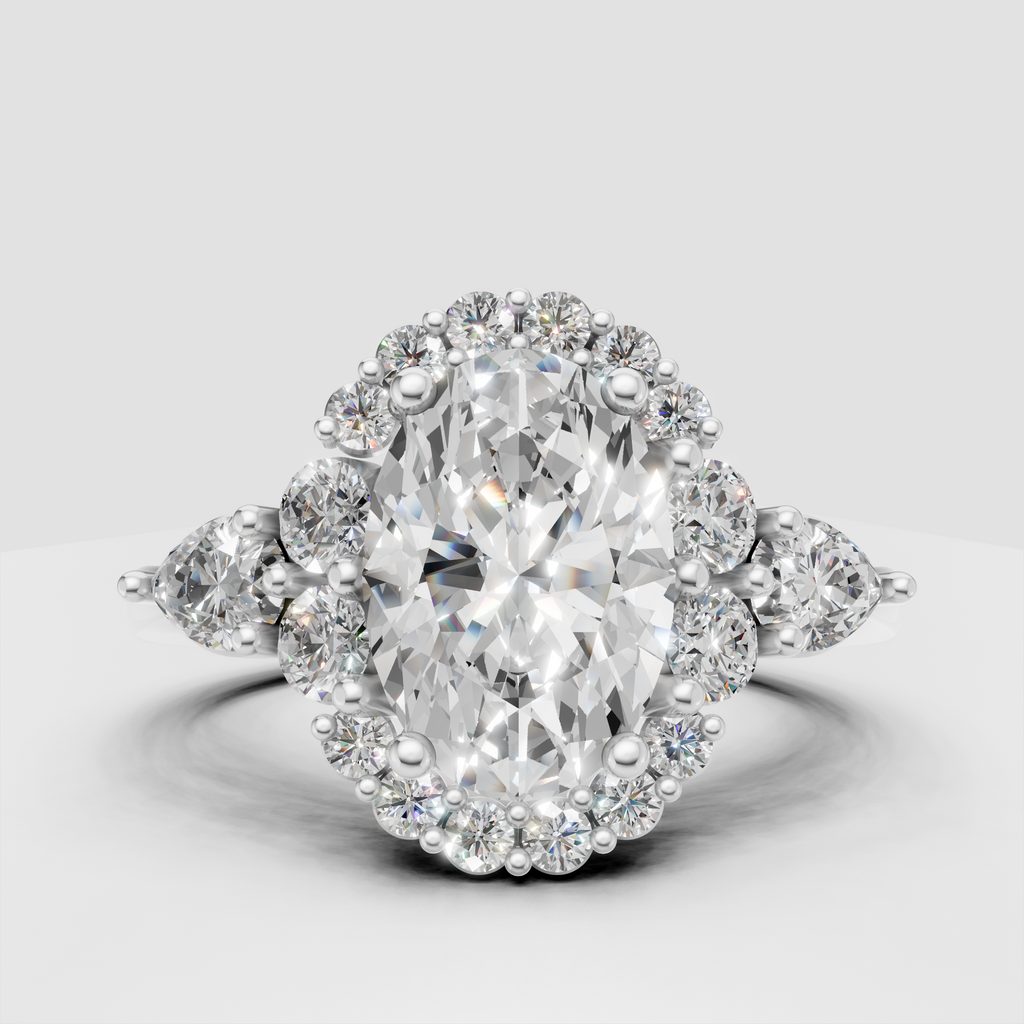 Elegant oval diamond halo ring with polished gold band