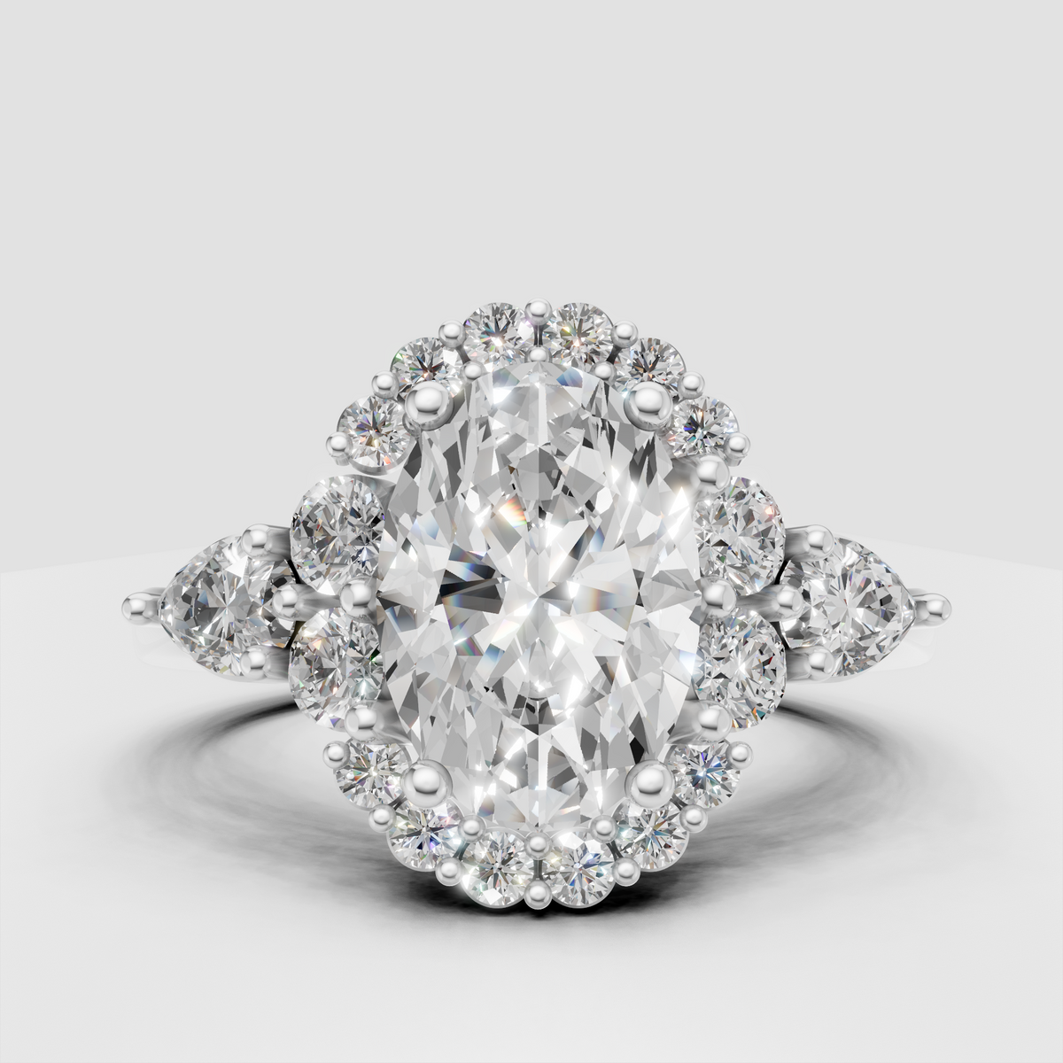 Elegant oval diamond halo ring with polished gold band