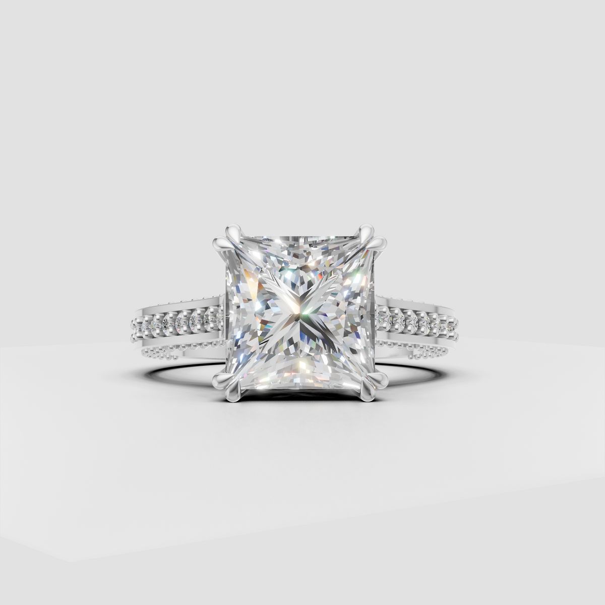 Princess cut diamond ring with intricate pave band