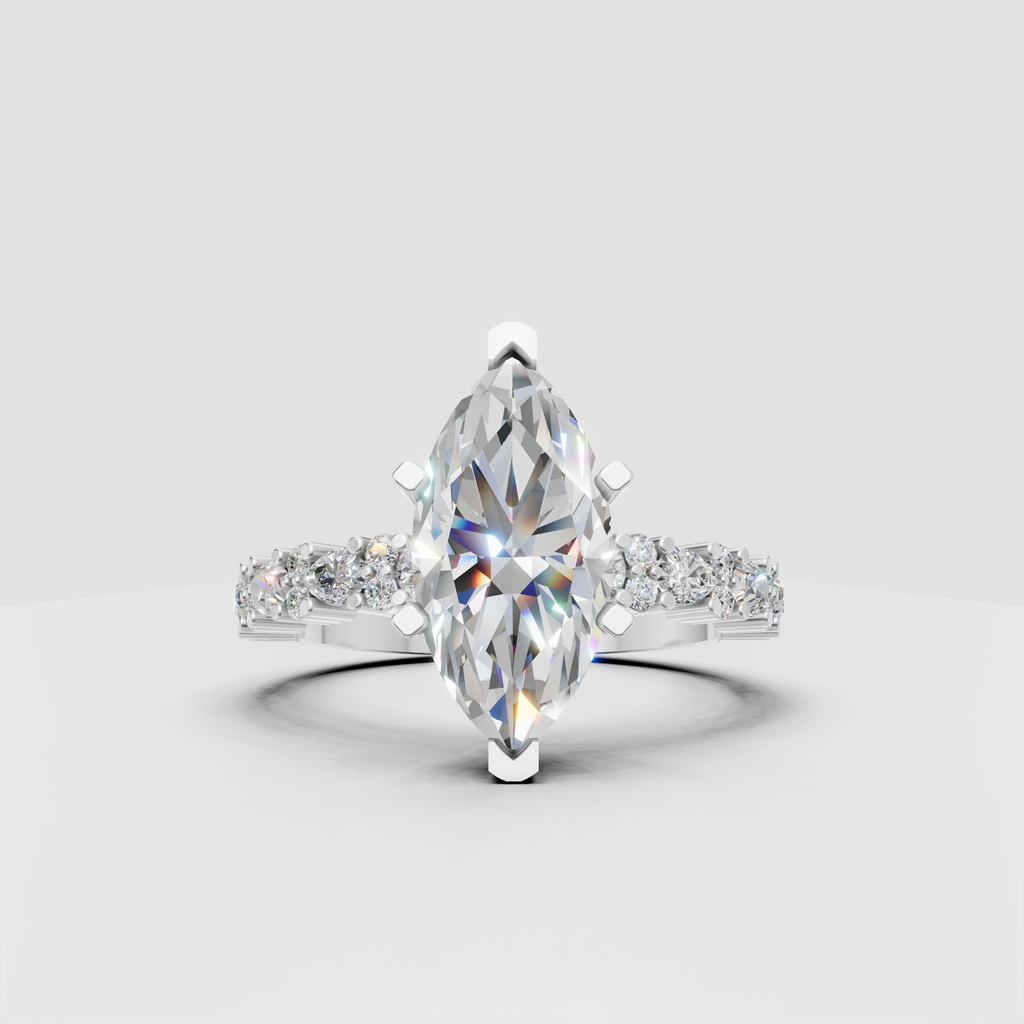 Marquise cut diamond ring featuring floral-inspired prong detailing and accent stones