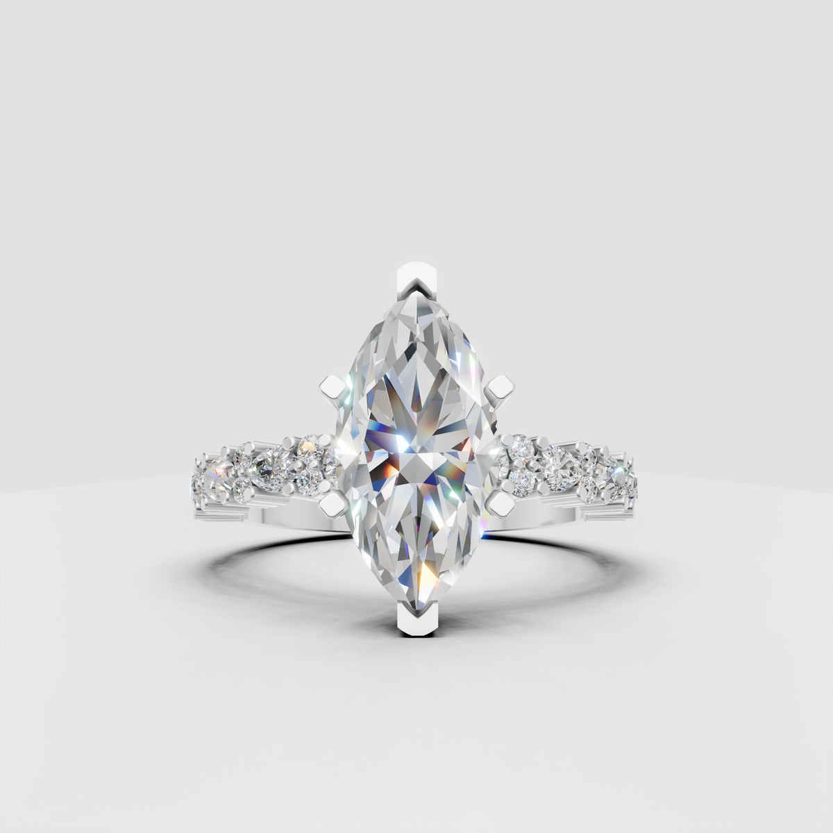 Marquise cut diamond ring featuring floral-inspired prong detailing and accent stones
