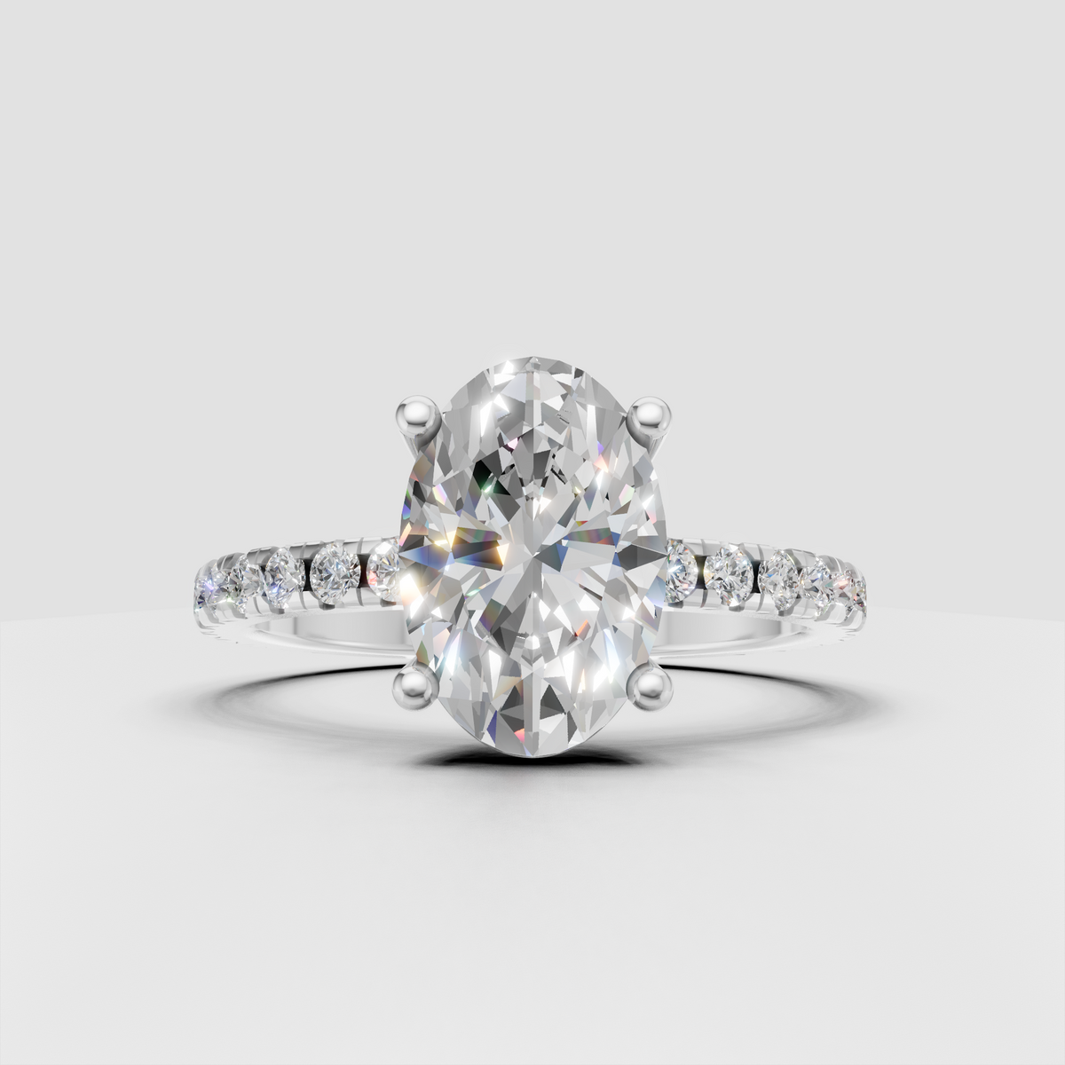Oval Diamond Pave Band Solitaire Engagement Ring