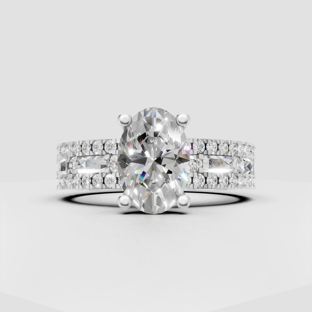 Yellow gold oval diamond engagement ring with baguette and round side stones