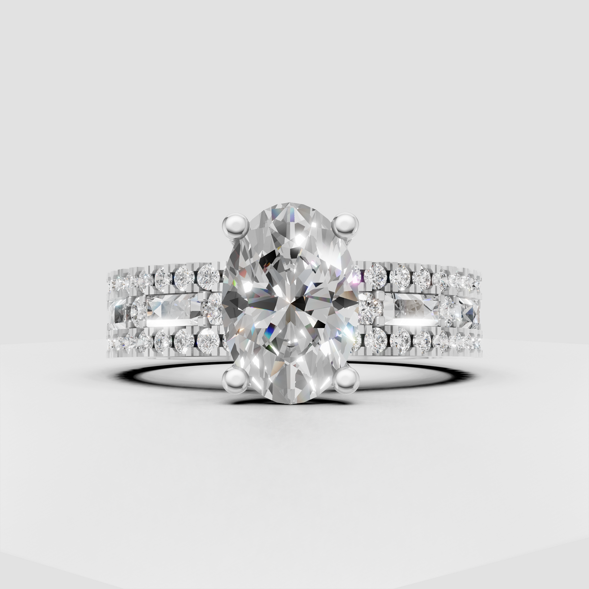 Yellow gold oval diamond engagement ring with baguette and round side stones