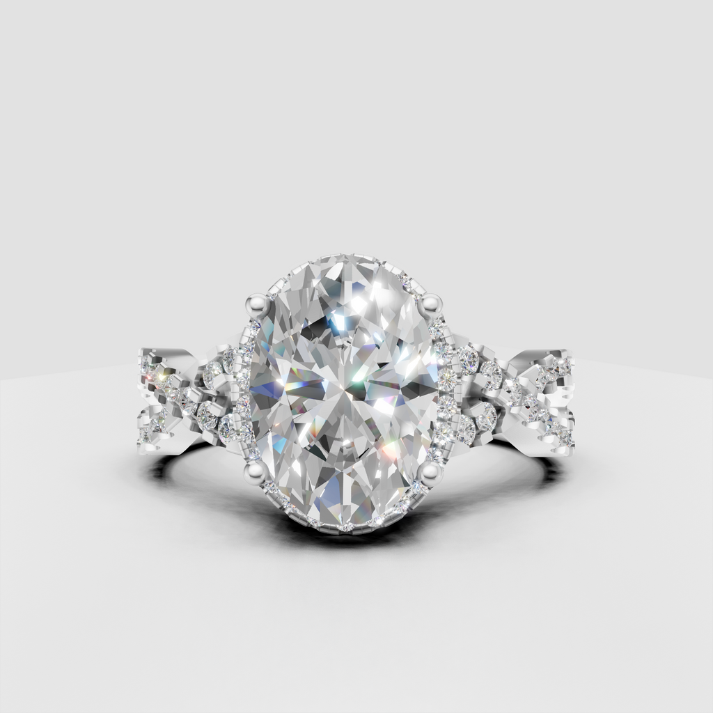 Oval Diamond halo ring with sparkling split-shank band