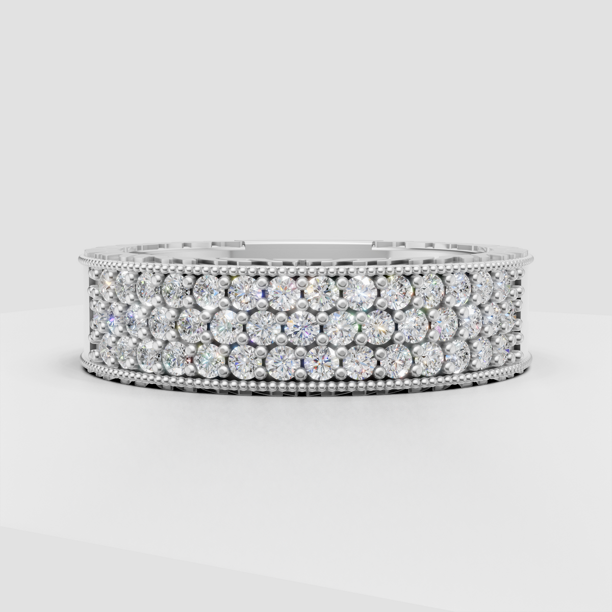 Three-row round diamond wedding ring in yellow gold
