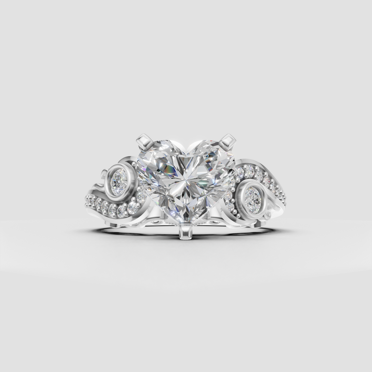 Heart shaped diamond ring featuring yellow gold filigree and sparkling accents
