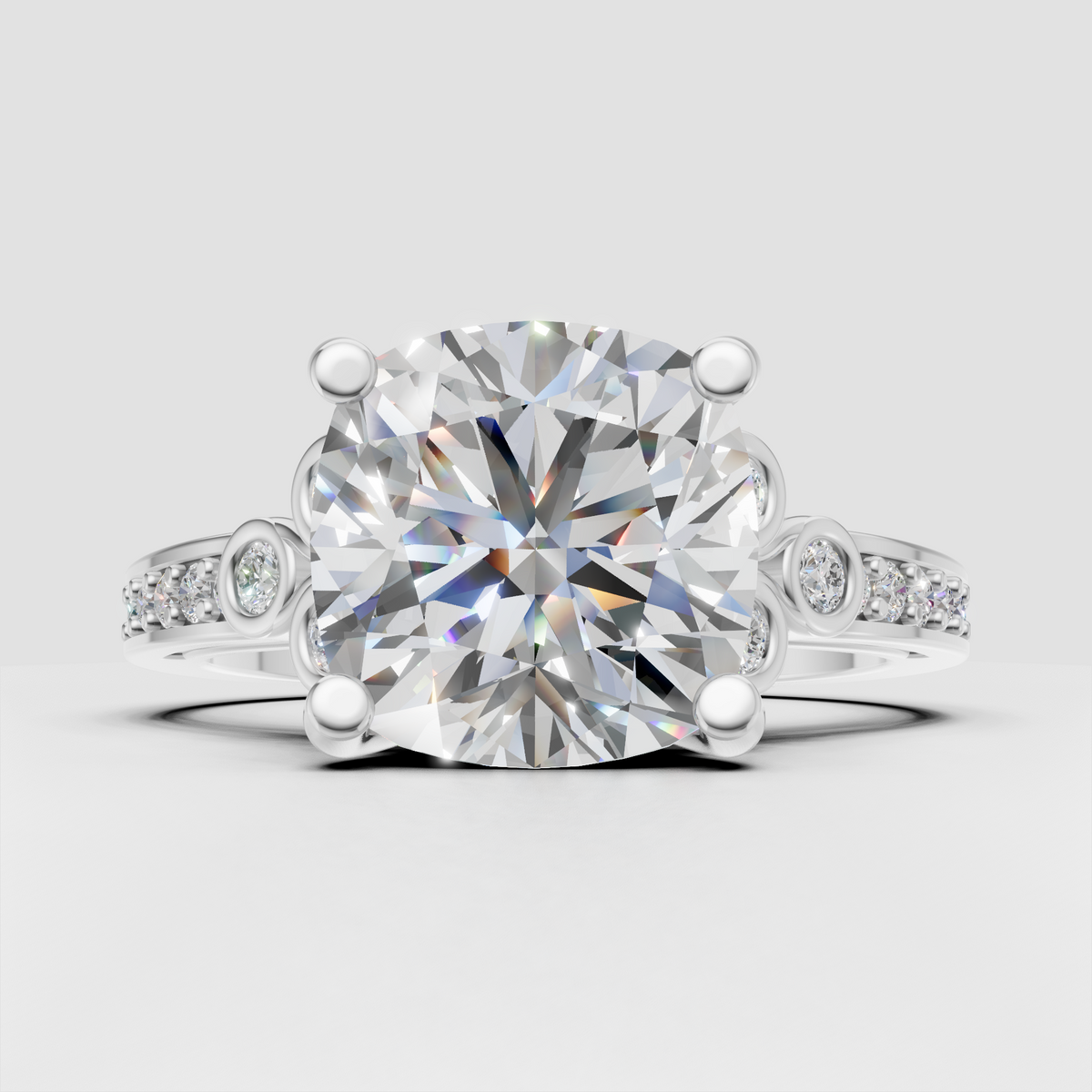 Cushion diamond ring featuring intricate scrollwork gallery