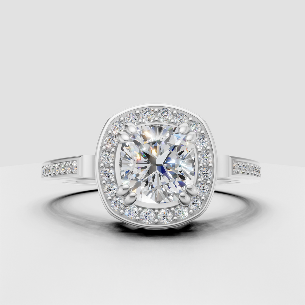 Pavé cushion halo engagement ring yellow gold