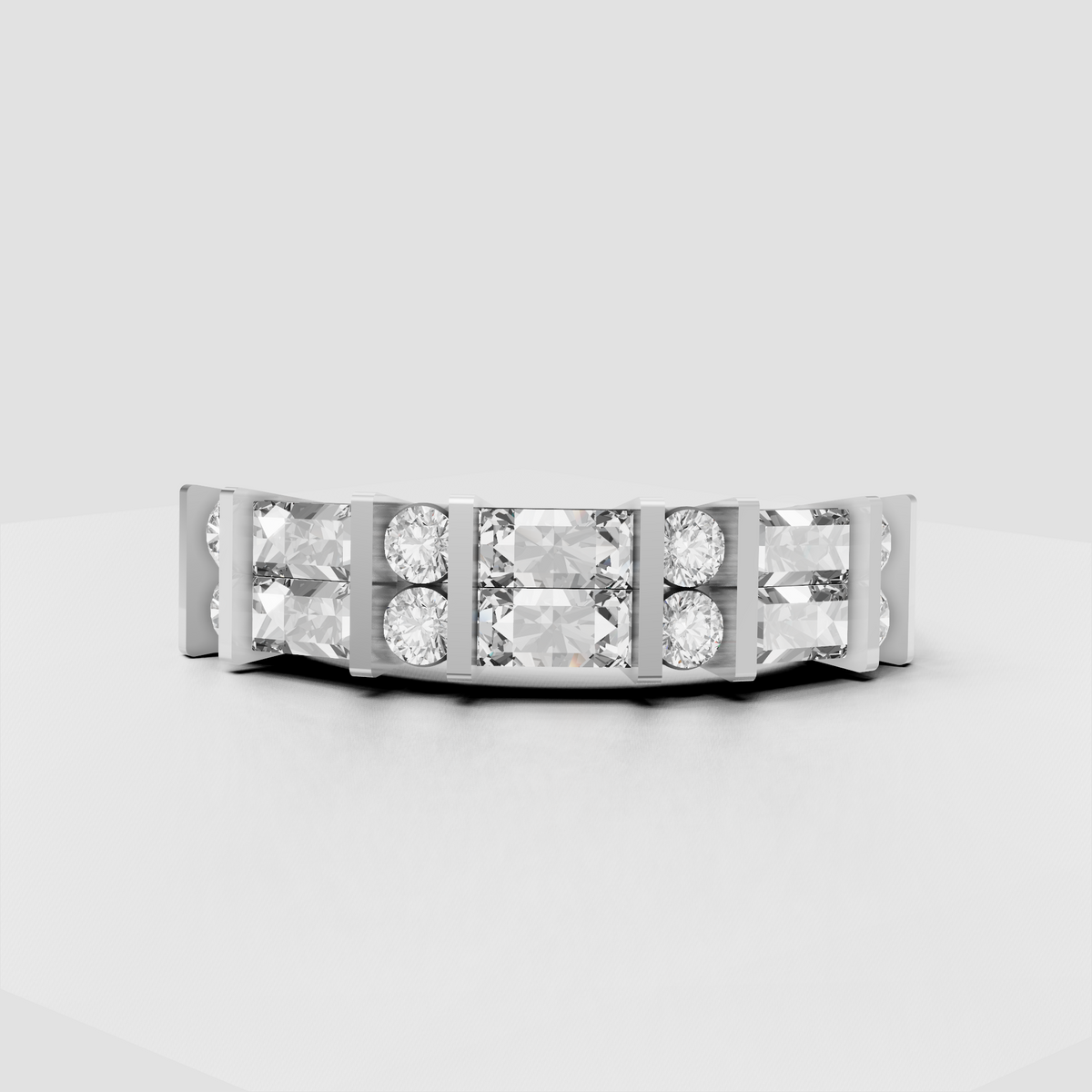 Channel-inspired diamond band with rectangular baguette-cut gemstones