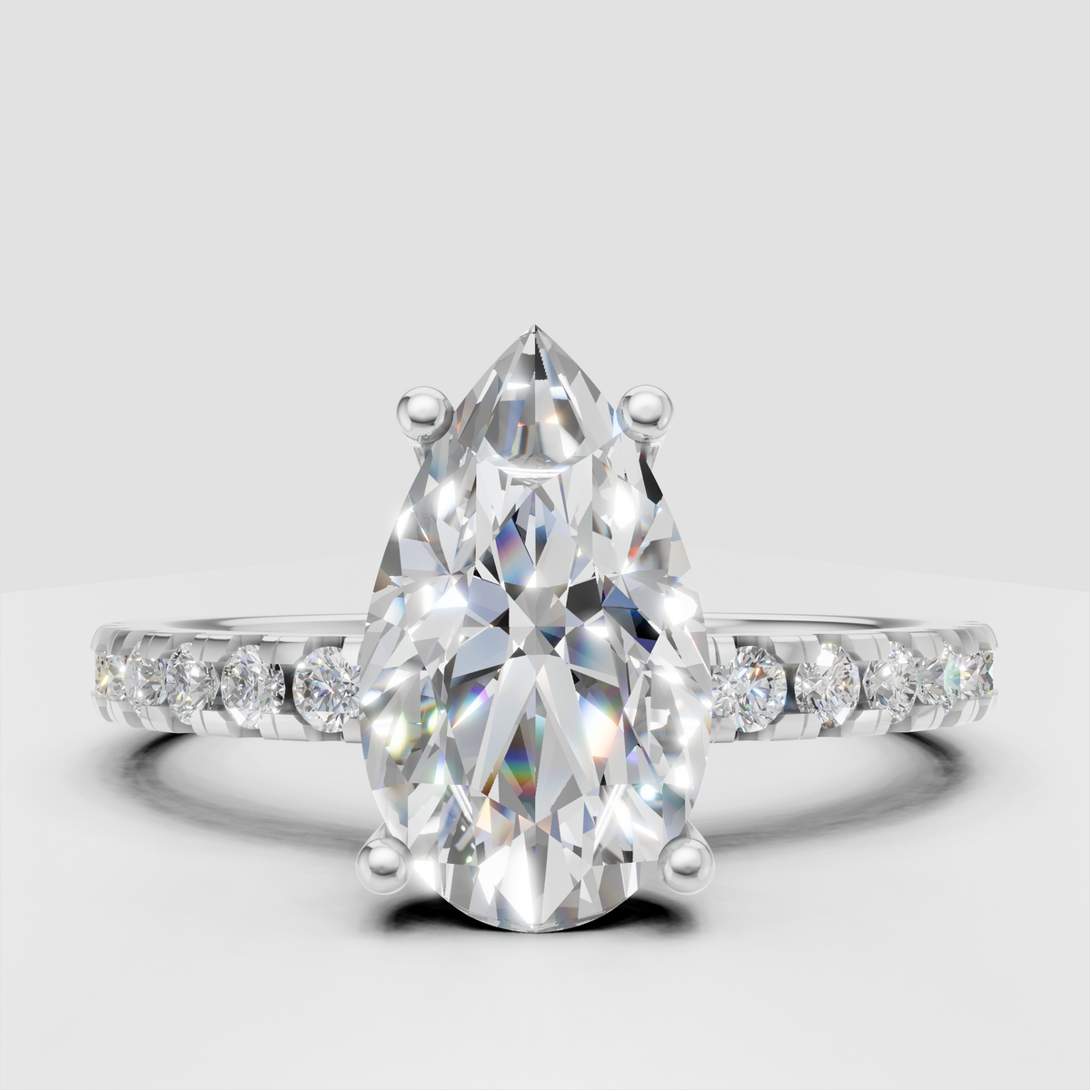 Pear Diamond Hidden Halo Solitaire with Accent Diamond Engagement Ring